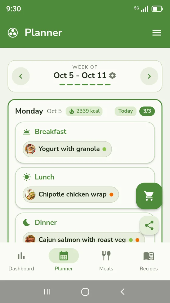 The Masala Menu planner, with Monday’s breakfast, lunch and dinner filled in and a 2339 kcal chip beside the date